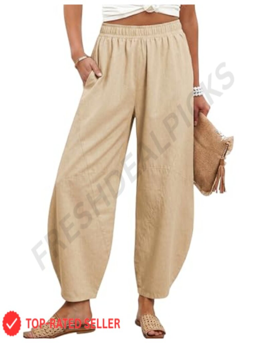 Women's High Rise Wide Leg Capri Pants Loose Fit Elastic Waist Cotton Blend
